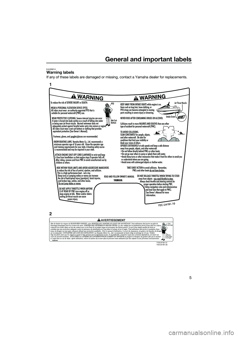 YAMAHA FZS SVHO 2015 User Guide General and important labels
5
EJU35914Warning labels
If any of these labels are damaged or missing, contact a Yamaha dealer for replacements.
F1B-U41B1-21
F2S-U41B1-20
1
2
UF3K71E0.book Page 5 Mon YAMAHA FZS SVHO 2015 User Guide General and important labels
5
EJU35914Warning labels
If any of these labels are damaged or missing, contact a Yamaha dealer for replacements.
F1B-U41B1-21
F2S-U41B1-20
1
2
UF3K71E0.book Page 5 Mon