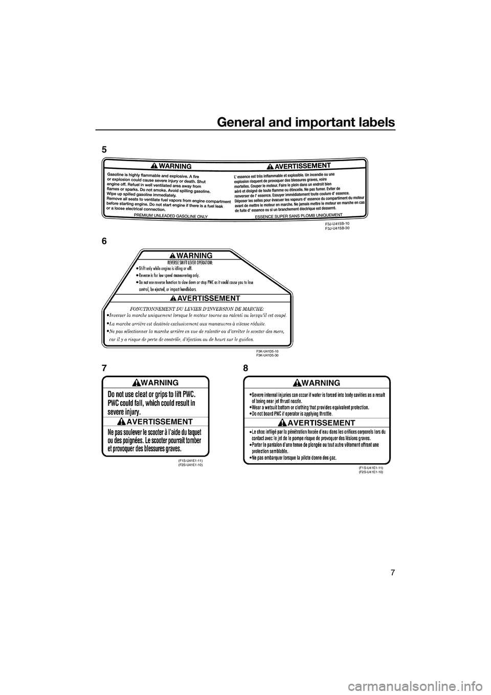 YAMAHA FZS SVHO 2015 User Guide General and important labels
7
F3J-U415B-10
F3J-U415B-30
(F1S-U41E1-11)
(F2S-U41E1-10)(F1S-U41E1-11)
(F2S-U41E1-10)
F3K-U41D5-10
F3K-U41D5-30
5
6
78
UF3K71E0.book Page 7 Monday, August 18, 2014 YAMAHA FZS SVHO 2015 User Guide General and important labels
7
F3J-U415B-10
F3J-U415B-30
(F1S-U41E1-11)
(F2S-U41E1-10)(F1S-U41E1-11)
(F2S-U41E1-10)
F3K-U41D5-10
F3K-U41D5-30
5
6
78
UF3K71E0.book Page 7 Monday, August 18, 2014