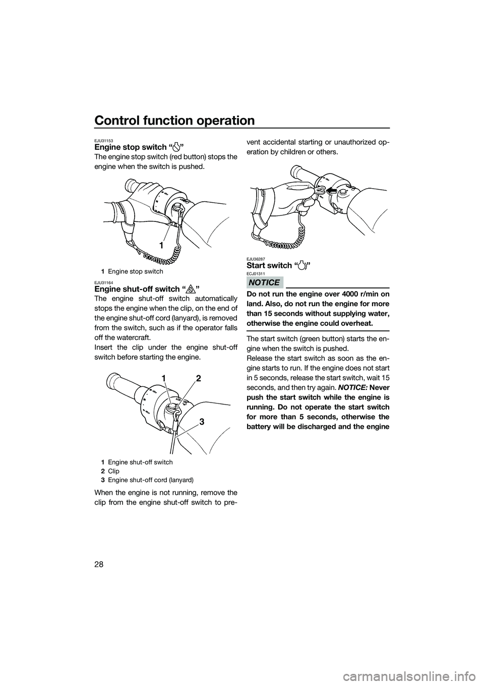 YAMAHA FZS SVHO 2015 Owners Guide Control function operation
28
EJU31153Engine stop switch “ ”
The engine stop switch (red button) stops the
engine when the switch is pushed.
EJU31164Engine shut-off switch “ ”
The engine shut- YAMAHA FZS SVHO 2015 Owners Guide Control function operation
28
EJU31153Engine stop switch “ ”
The engine stop switch (red button) stops the
engine when the switch is pushed.
EJU31164Engine shut-off switch “ ”
The engine shut-