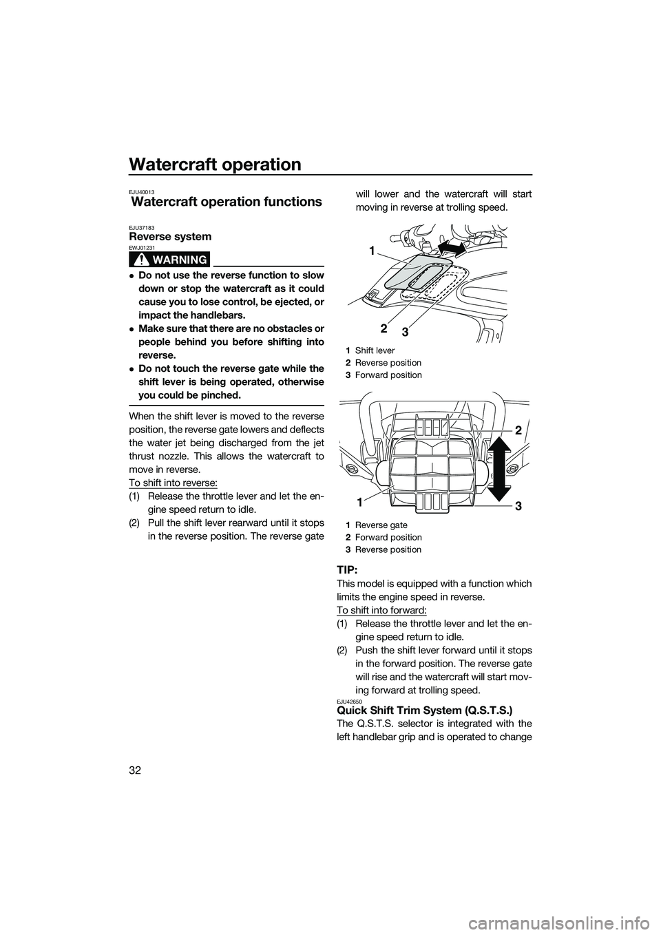 YAMAHA FZS SVHO 2015 Owners Guide Watercraft operation
32
EJU40013
Watercraft operation functions
EJU37183Reverse system
WARNING
EWJ01231
Do not use the reverse function to slow
down or stop the watercraft as it could
cause you to YAMAHA FZS SVHO 2015 Owners Guide Watercraft operation
32
EJU40013
Watercraft operation functions
EJU37183Reverse system
WARNING
EWJ01231
Do not use the reverse function to slow
down or stop the watercraft as it could
cause you to