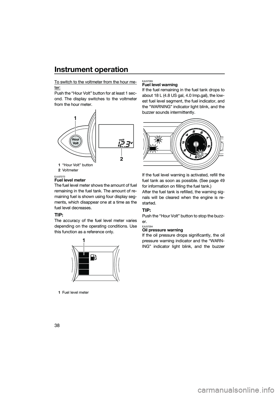 YAMAHA FZS SVHO 2015 Owners Manual Instrument operation
38
To switch to the voltmeter from the hour me-
ter:
Push the “Hour Volt” button for at least 1 sec-
ond. The display switches to the voltmeter
from the hour meter.
EJU37272Fu YAMAHA FZS SVHO 2015 Owners Manual Instrument operation
38
To switch to the voltmeter from the hour me-
ter:
Push the “Hour Volt” button for at least 1 sec-
ond. The display switches to the voltmeter
from the hour meter.
EJU37272Fu