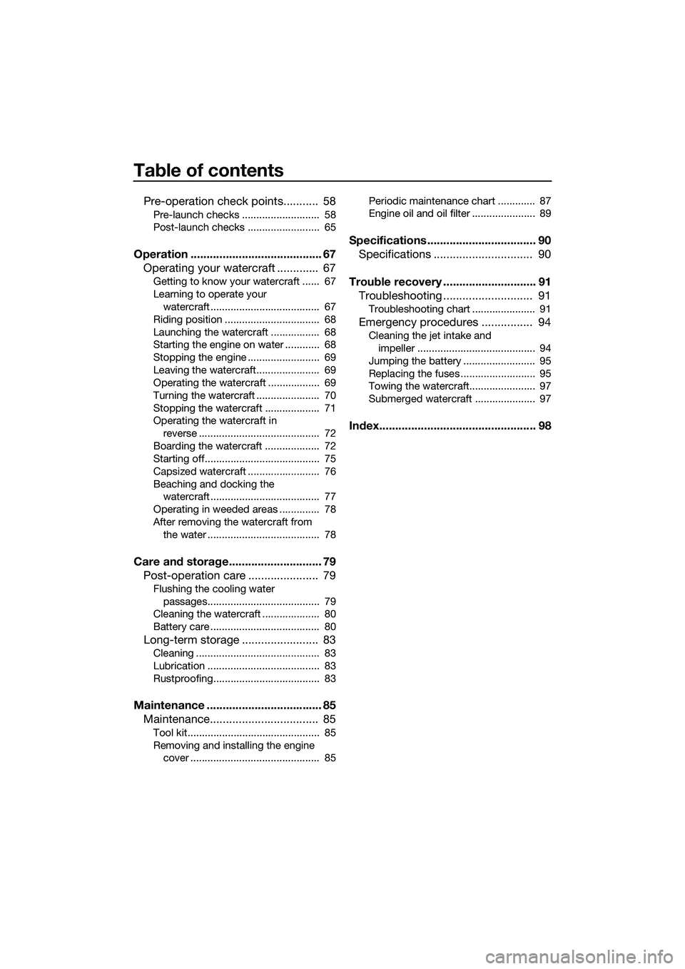 YAMAHA FZS SVHO 2015 Owners Manual Table of contents
Pre-operation check points........... 58
Pre-launch checks ........................... 58
Post-launch checks ......................... 65
Operation ............................... YAMAHA FZS SVHO 2015 Owners Manual Table of contents
Pre-operation check points........... 58
Pre-launch checks ........................... 58
Post-launch checks ......................... 65
Operation ...............................