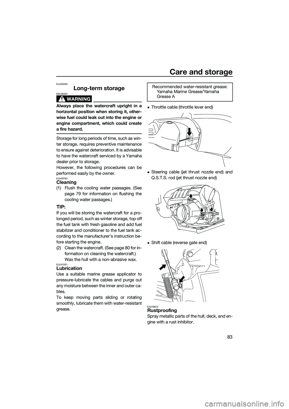 YAMAHA FZS SVHO 2015 Manual Online Care and storage
83
EJU33493
Long-term storage
WARNING
EWJ00331
Always place the watercraft upright in a
horizontal position when storing it, other-
wise fuel could leak out into the engine or
engine YAMAHA FZS SVHO 2015 Manual Online Care and storage
83
EJU33493
Long-term storage
WARNING
EWJ00331
Always place the watercraft upright in a
horizontal position when storing it, other-
wise fuel could leak out into the engine or
engine