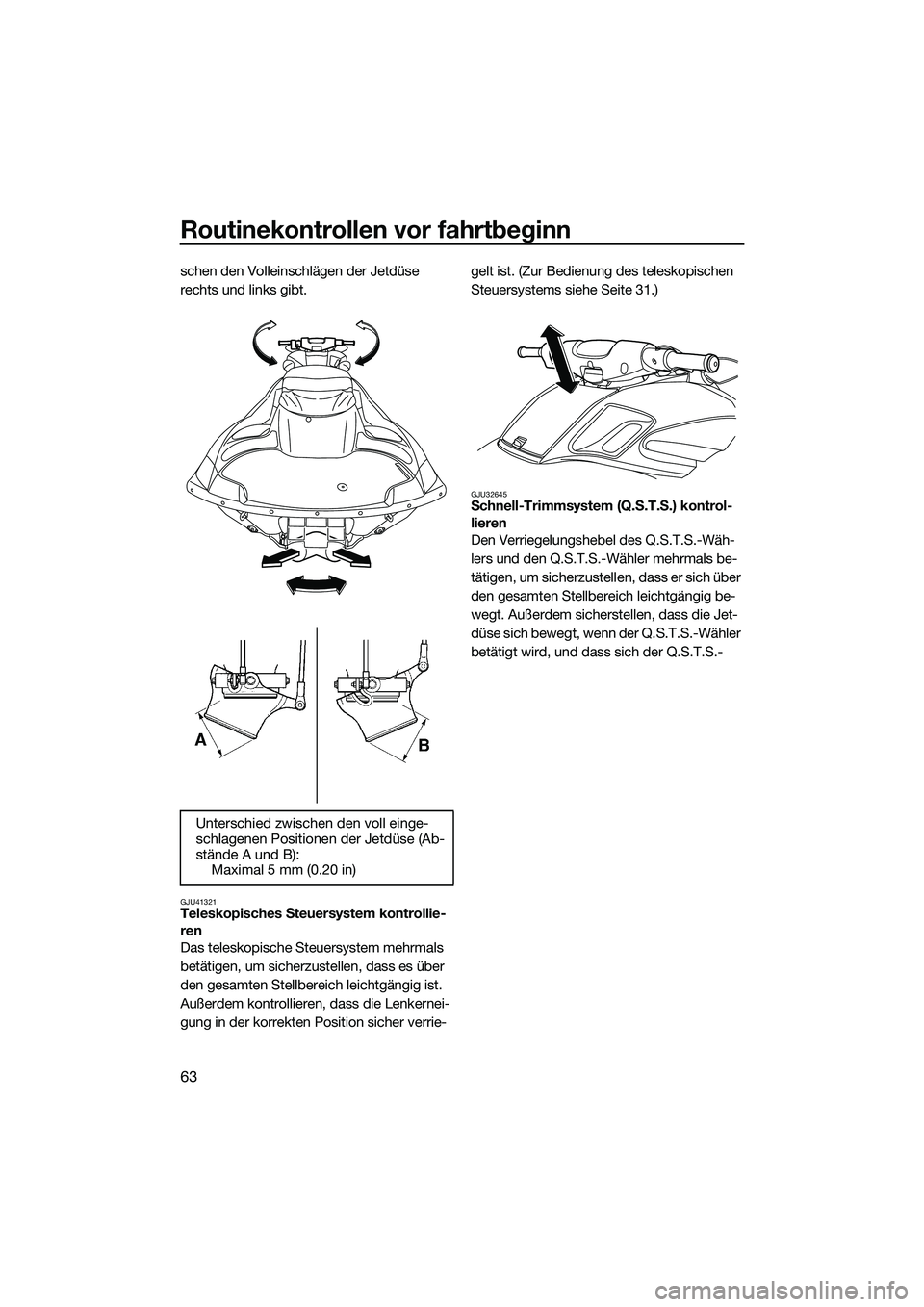 YAMAHA FZS SVHO 2015 Betriebsanleitungen (in German) Routinekontrollen vor fahrtbeginn
63
schen den Volleinschlägen der Jetdüse
rechts und links gibt.
GJU41321Teleskopisches Steuersystem kontrollie-
ren
Das teleskopische Steuersystem mehrmals
betät YAMAHA FZS SVHO 2015 Betriebsanleitungen (in German) Routinekontrollen vor fahrtbeginn
63
schen den Volleinschlägen der Jetdüse
rechts und links gibt.
GJU41321Teleskopisches Steuersystem kontrollie-
ren
Das teleskopische Steuersystem mehrmals
betät