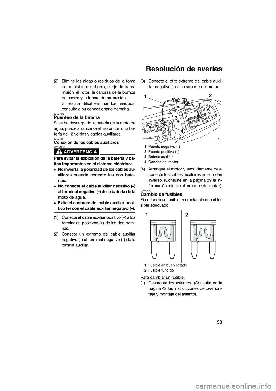 YAMAHA FZS SVHO 2015 Manuale de Empleo (in Spanish) Resolución de averías
98
(2) Elimine las algas o residuos de la tomade admisión del chorro, el eje de trans-
misión, el rotor, la carcasa de la bomba
de chorro y la tobera de propulsión.
Si resul YAMAHA FZS SVHO 2015 Manuale de Empleo (in Spanish) Resolución de averías
98
(2) Elimine las algas o residuos de la tomade admisión del chorro, el eje de trans-
misión, el rotor, la carcasa de la bomba
de chorro y la tobera de propulsión.
Si resul