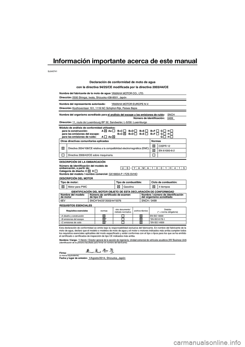 YAMAHA FZS SVHO 2015 Manuale de Empleo (in Spanish) Información importante acerca de este manual
SJU42741
Declaración de conformidad de moto de agua
con la directiva 94/25/CE modificada por la directiva 2003/44/CE
Nombre del fabricante de la moto de YAMAHA FZS SVHO 2015 Manuale de Empleo (in Spanish) Información importante acerca de este manual
SJU42741
Declaración de conformidad de moto de agua
con la directiva 94/25/CE modificada por la directiva 2003/44/CE
Nombre del fabricante de la moto de