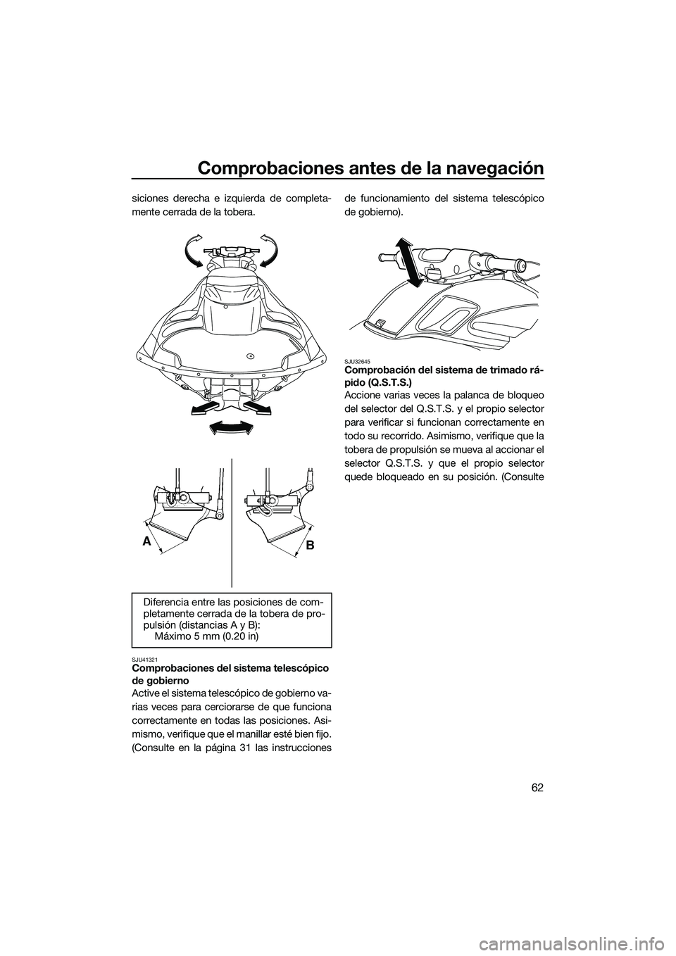 YAMAHA FZS SVHO 2015  Manuale de Empleo (in Spanish) Comprobaciones antes de la navegación
62
siciones derecha e izquierda de completa-
mente cerrada de la tobera.
SJU41321Comprobaciones del sistema telescópico 
de gobierno
Active el sistema telescóp