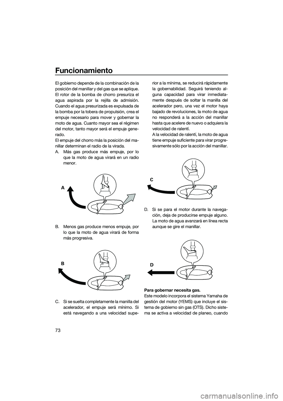 YAMAHA FZS SVHO 2015  Manuale de Empleo (in Spanish) Funcionamiento
73
El gobierno depende de la combinación de la
posición del manillar y del gas que se aplique.
El rotor de la bomba de chorro presuriza el
agua aspirada por la rejilla de admisión.
C
