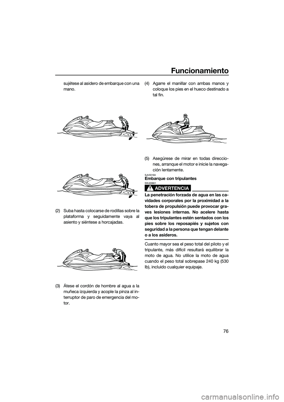 YAMAHA FZS SVHO 2015  Manuale de Empleo (in Spanish) Funcionamiento
76
sujétese al asidero de embarque con una
mano.
(2) Suba hasta colocarse de rodillas sobre la plataforma y seguidamente vaya al
asiento y siéntese a horcajadas.
(3) Átese el cordón