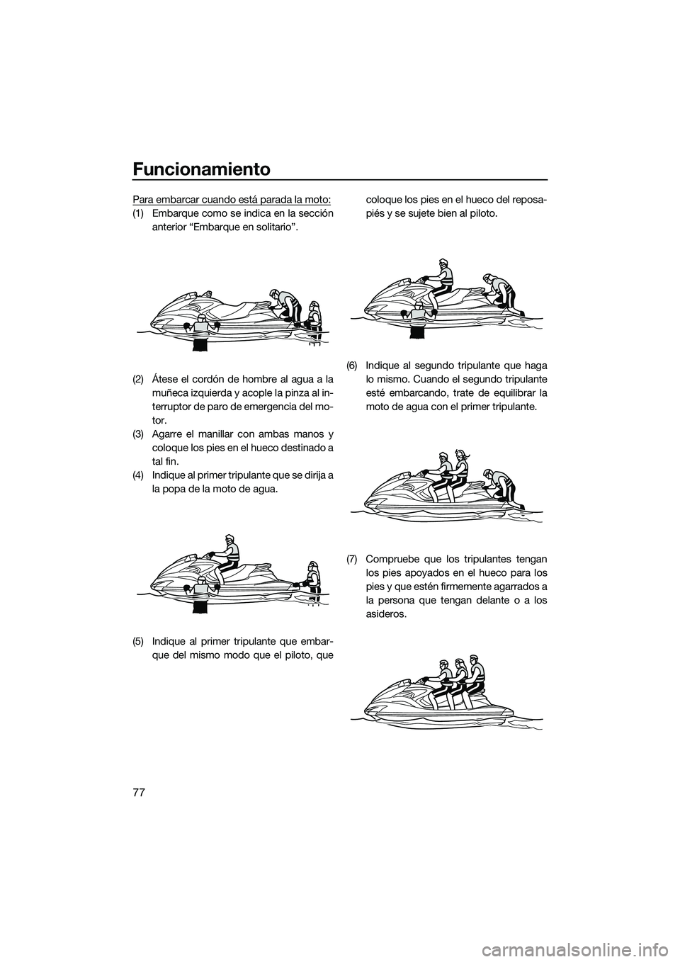 YAMAHA FZS SVHO 2015  Manuale de Empleo (in Spanish) Funcionamiento
77
Para embarcar cuando está parada la moto:
(1) Embarque como se indica en la secciónanterior “Embarque en solitario”.
(2) Átese el cordón de hombre al agua a la muñeca izquie