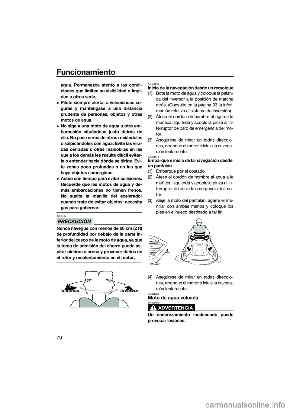 YAMAHA FZS SVHO 2015  Manuale de Empleo (in Spanish) Funcionamiento
79
agua. Permanezca atento a las condi-
ciones que limiten su visibilidad o impi-
dan a otros verle.
Pilote siempre alerta, a velocidades se-
guras y manténgase a una distancia
prud