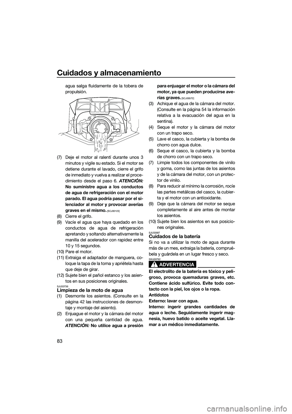 YAMAHA FZS SVHO 2015  Manuale de Empleo (in Spanish) Cuidados y almacenamiento
83
agua salga fluidamente de la tobera de
propulsión.
(7) Deje el motor al ralentí durante unos 3 minutos y vigile su estado. Si el motor se
detiene durante el lavado, cier