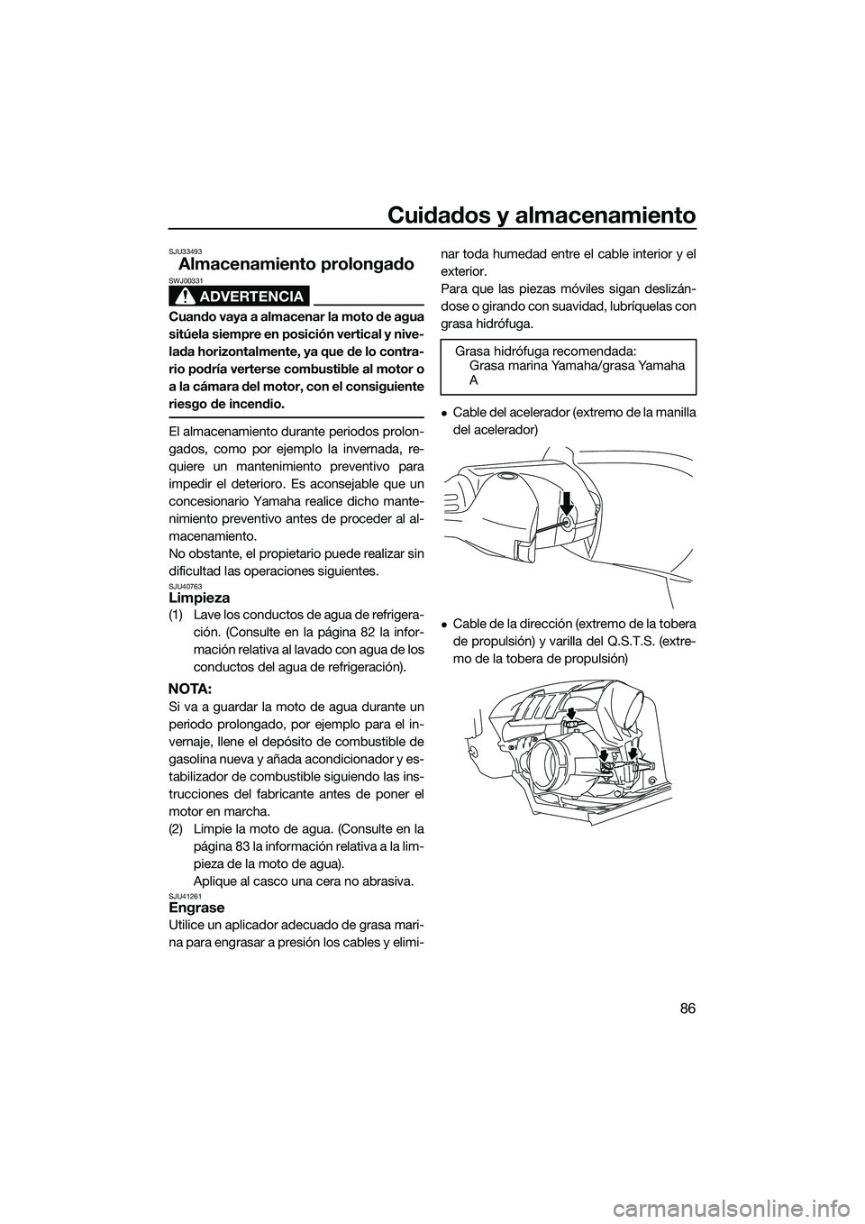 YAMAHA FZS SVHO 2015 Manuale de Empleo (in Spanish) Cuidados y almacenamiento
86
SJU33493
Almacenamiento prolongado
ADVERTENCIA
SWJ00331
Cuando vaya a almacenar la moto de agua
sitúela siempre en posición vertical y nive-
lada horizontalmente, ya que YAMAHA FZS SVHO 2015 Manuale de Empleo (in Spanish) Cuidados y almacenamiento
86
SJU33493
Almacenamiento prolongado
ADVERTENCIA
SWJ00331
Cuando vaya a almacenar la moto de agua
sitúela siempre en posición vertical y nive-
lada horizontalmente, ya que