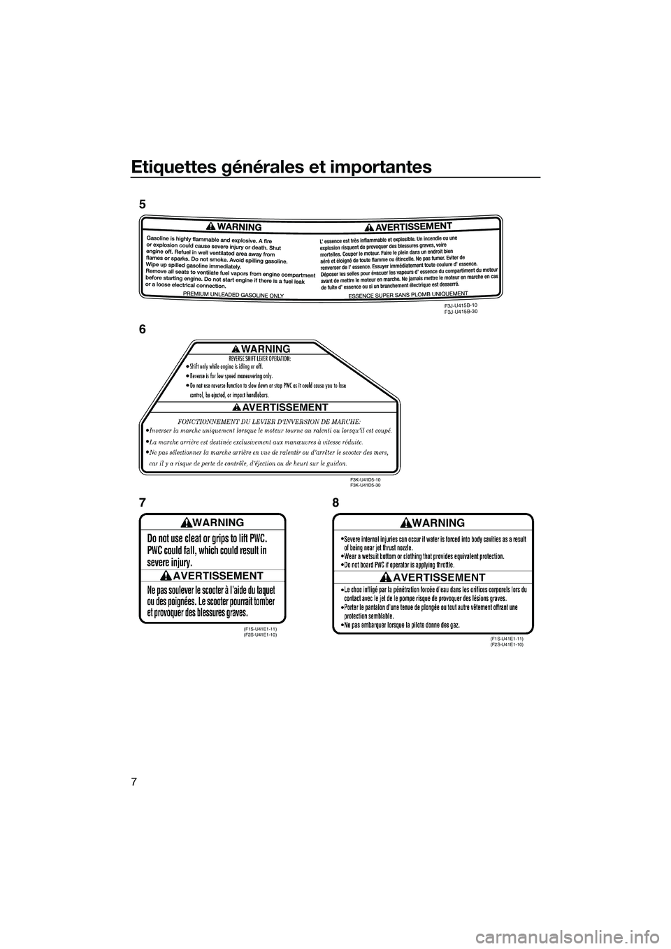 YAMAHA FZS SVHO 2015 Notices Demploi (in French) Etiquettes générales et importantes
7
F3J-U415B-10
F3J-U415B-30
(F1S-U41E1-11)
(F2S-U41E1-10)(F1S-U41E1-11)
(F2S-U41E1-10)
F3K-U41D5-10
F3K-U41D5-30
5
6
78
UF3K71F0.book Page 7 Monday, August YAMAHA FZS SVHO 2015 Notices Demploi (in French) Etiquettes générales et importantes
7
F3J-U415B-10
F3J-U415B-30
(F1S-U41E1-11)
(F2S-U41E1-10)(F1S-U41E1-11)
(F2S-U41E1-10)
F3K-U41D5-10
F3K-U41D5-30
5
6
78
UF3K71F0.book Page 7 Monday, August