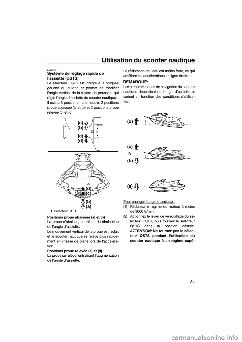 YAMAHA FZS SVHO 2015 Notices Demploi (in French) Utilisation du scooter nautique
34
FJU42650Système de réglage rapide de
l’assiette (QSTS)
Le sélecteur QSTS est intégré à la poignée
gauche du guidon et permet de modifier
l’angle vertical YAMAHA FZS SVHO 2015 Notices Demploi (in French) Utilisation du scooter nautique
34
FJU42650Système de réglage rapide de
l’assiette (QSTS)
Le sélecteur QSTS est intégré à la poignée
gauche du guidon et permet de modifier
l’angle vertical
