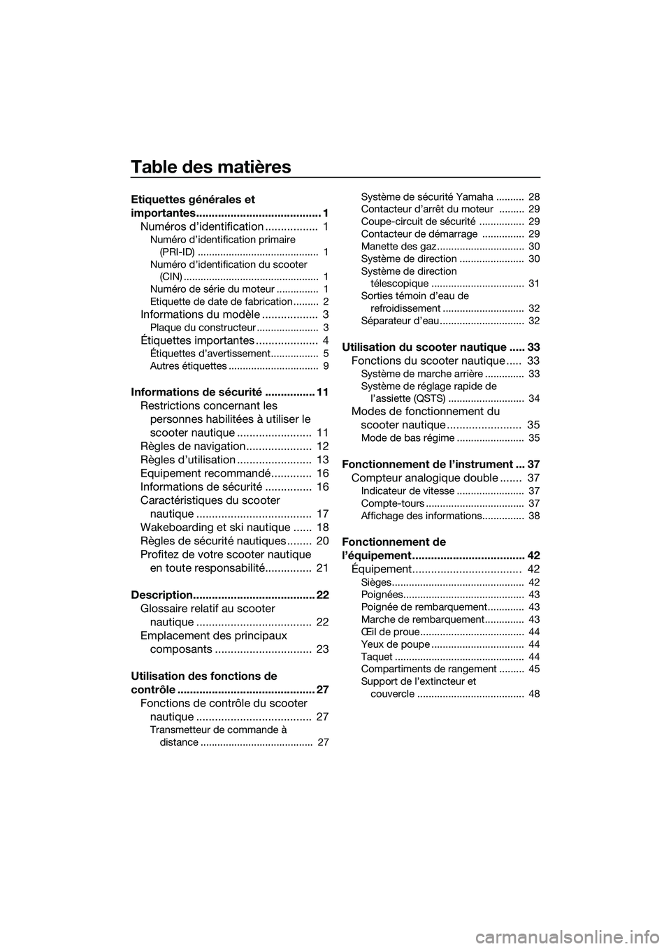 YAMAHA FZS SVHO 2015  Notices Demploi (in French) Table des matières
Etiquettes générales et 
importantes........................................ 1Numéros d’identification .................  1
Numéro d’identification primaire 
(PRI-ID) .....