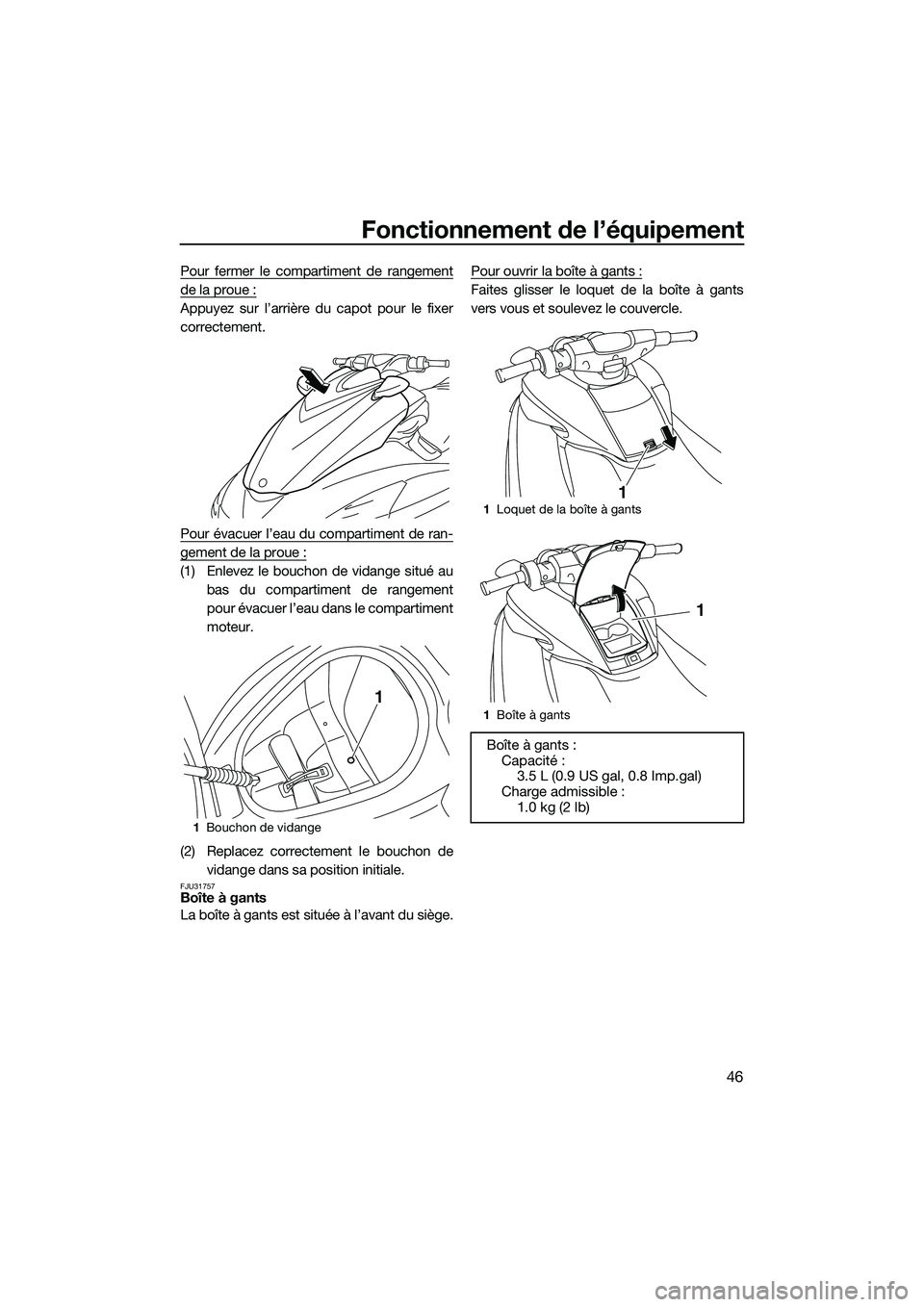 YAMAHA FZS SVHO 2015  Notices Demploi (in French) Fonctionnement de l’équipement
46
Pour fermer le compartiment de rangement
de la proue :
Appuyez sur l’arrière du capot pour le fixer
correctement.
Pour évacuer l’eau du compartiment de ran-

