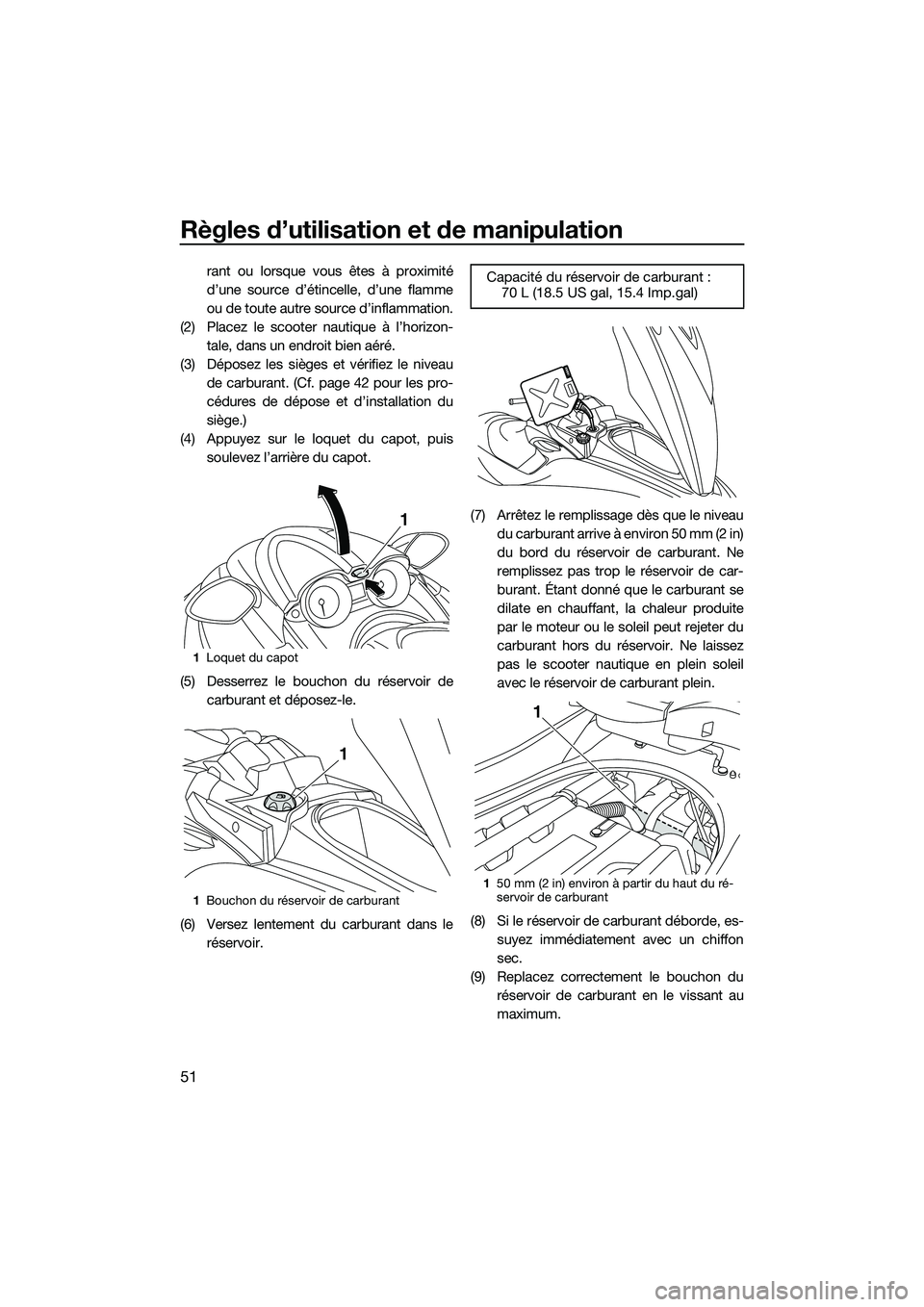 YAMAHA FZS SVHO 2015  Notices Demploi (in French) Règles d’utilisation et de manipulation
51
rant ou lorsque vous êtes à proximité
d’une source d’étincelle, d’une flamme
ou de toute autre source d’inflammation.
(2) Placez le scooter na