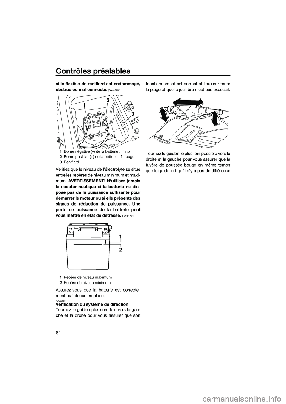 YAMAHA FZS SVHO 2015  Notices Demploi (in French) Contrôles préalables
61
si le flexible de reniflard est endommagé,
obstrué ou mal connecté.
 [FWJ00452]
Vérifiez que le niveau de l’électrolyte se situe
entre les repères de niveau minimum e