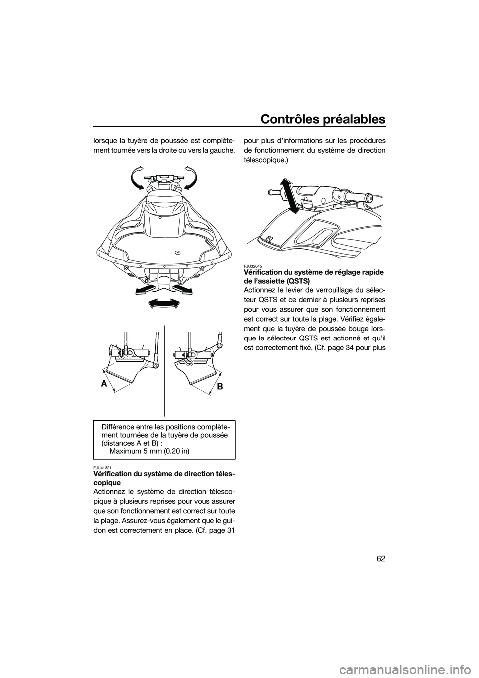 YAMAHA FZS SVHO 2015  Notices Demploi (in French) Contrôles préalables
62
lorsque la tuyère de poussée est complète-
ment tournée vers la droite ou vers la gauche.
FJU41321Vérification du système de direction téles-
copique
Actionnez le syst