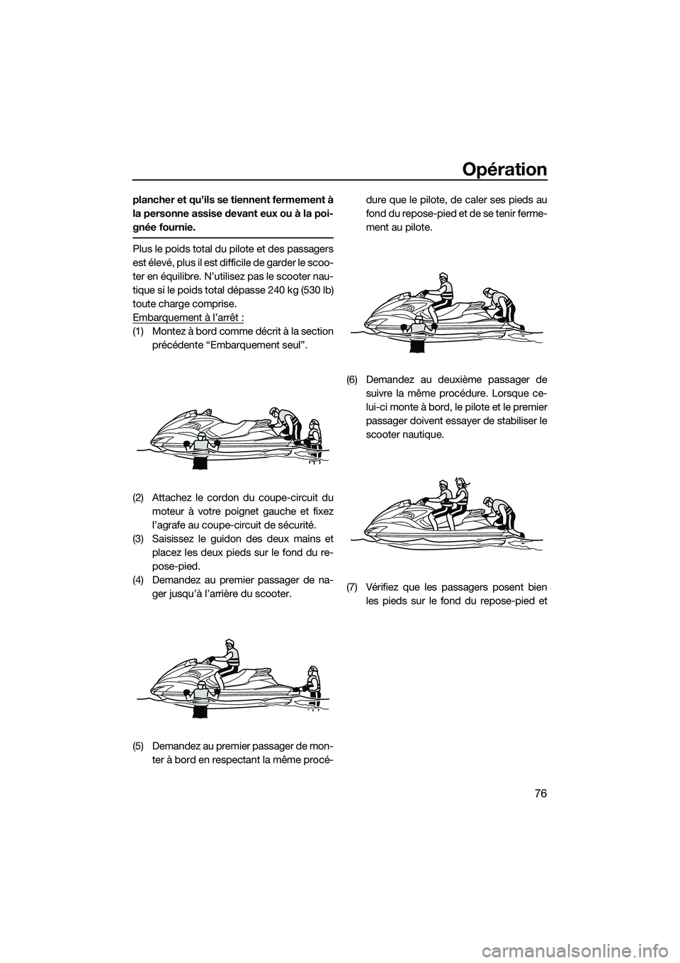 YAMAHA FZS SVHO 2015  Notices Demploi (in French) Opération
76
plancher et qu’ils se tiennent fermement à
la personne assise devant eux ou à la poi-
gnée fournie.
Plus le poids total du pilote et des passagers
est élevé, plus il est difficile