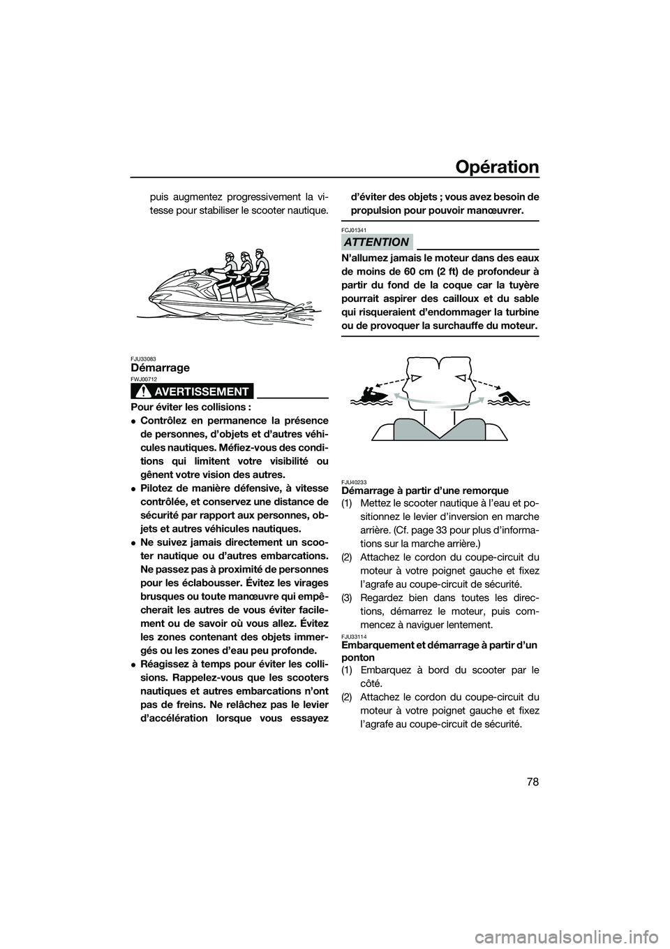 YAMAHA FZS SVHO 2015  Notices Demploi (in French) Opération
78
puis augmentez progressivement la vi-
tesse pour stabiliser le scooter nautique.
FJU33083Démarrage
AVERTISSEMENT
FWJ00712
Pour éviter les collisions :
Contrôlez en permanence la pr