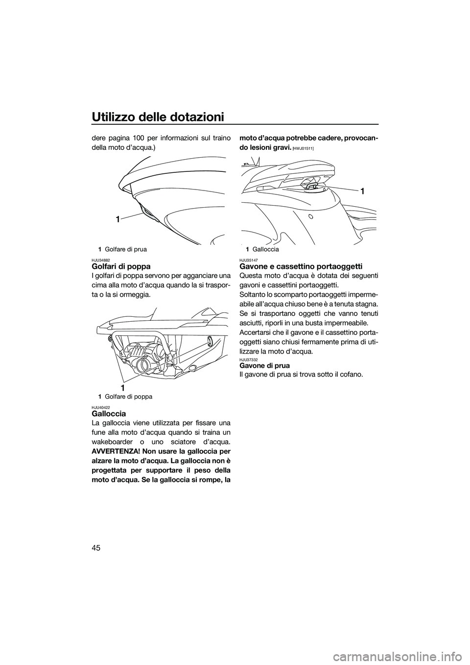 YAMAHA FZS SVHO 2015  Manuale duso (in Italian) Utilizzo delle dotazioni
45
dere pagina 100 per informazioni sul traino
della moto d’acqua.)
HJU34882Golfari di poppa
I golfari di poppa servono per agganciare una
cima alla moto d’acqua quando la