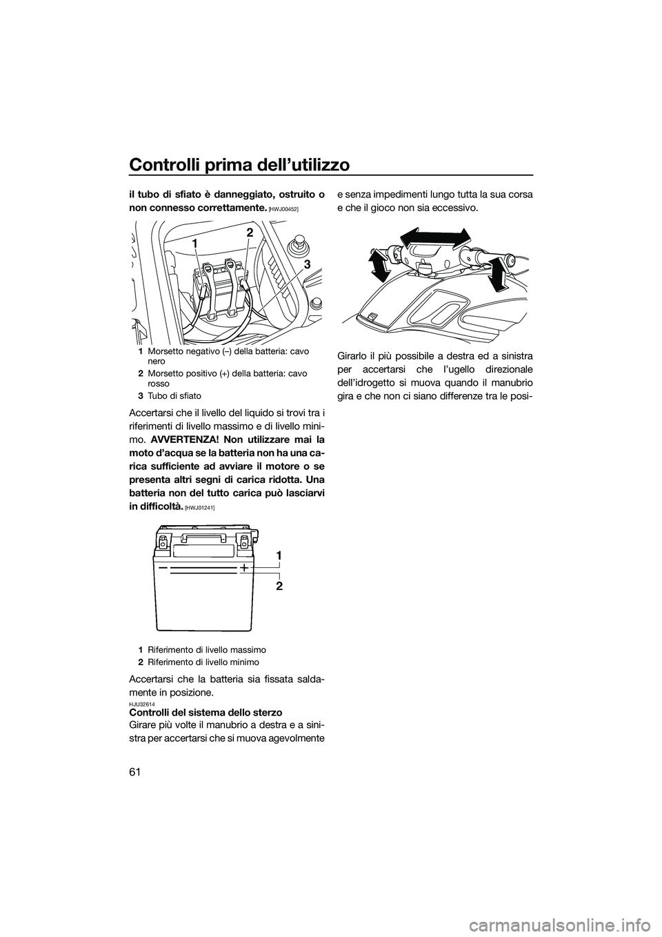 YAMAHA FZS SVHO 2015  Manuale duso (in Italian) Controlli prima dell’utilizzo
61
il tubo di sfiato è danneggiato, ostruito o
non connesso correttamente.
 [HWJ00452]
Accertarsi che il livello del liquido si trovi tra i
riferimenti di livello mass