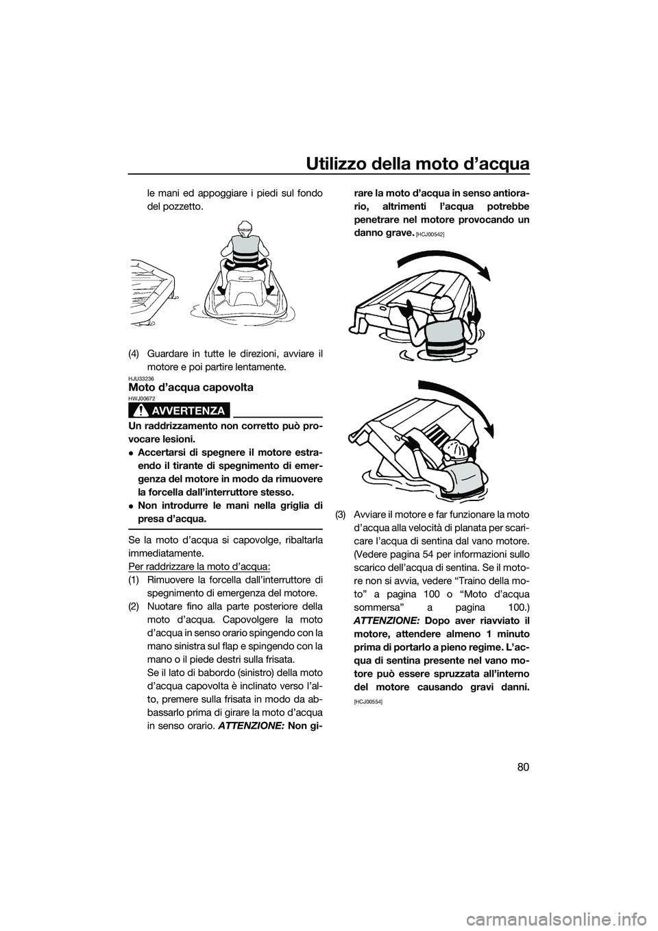 YAMAHA FZS SVHO 2015 Manuale duso (in Italian) Utilizzo della moto d’acqua
80
le mani ed appoggiare i piedi sul fondo
del pozzetto.
(4) Guardare in tutte le direzioni, avviare il motore e poi partire lentamente.
HJU33236Moto d’acqua capovolta
YAMAHA FZS SVHO 2015 Manuale duso (in Italian) Utilizzo della moto d’acqua
80
le mani ed appoggiare i piedi sul fondo
del pozzetto.
(4) Guardare in tutte le direzioni, avviare il motore e poi partire lentamente.
HJU33236Moto d’acqua capovolta