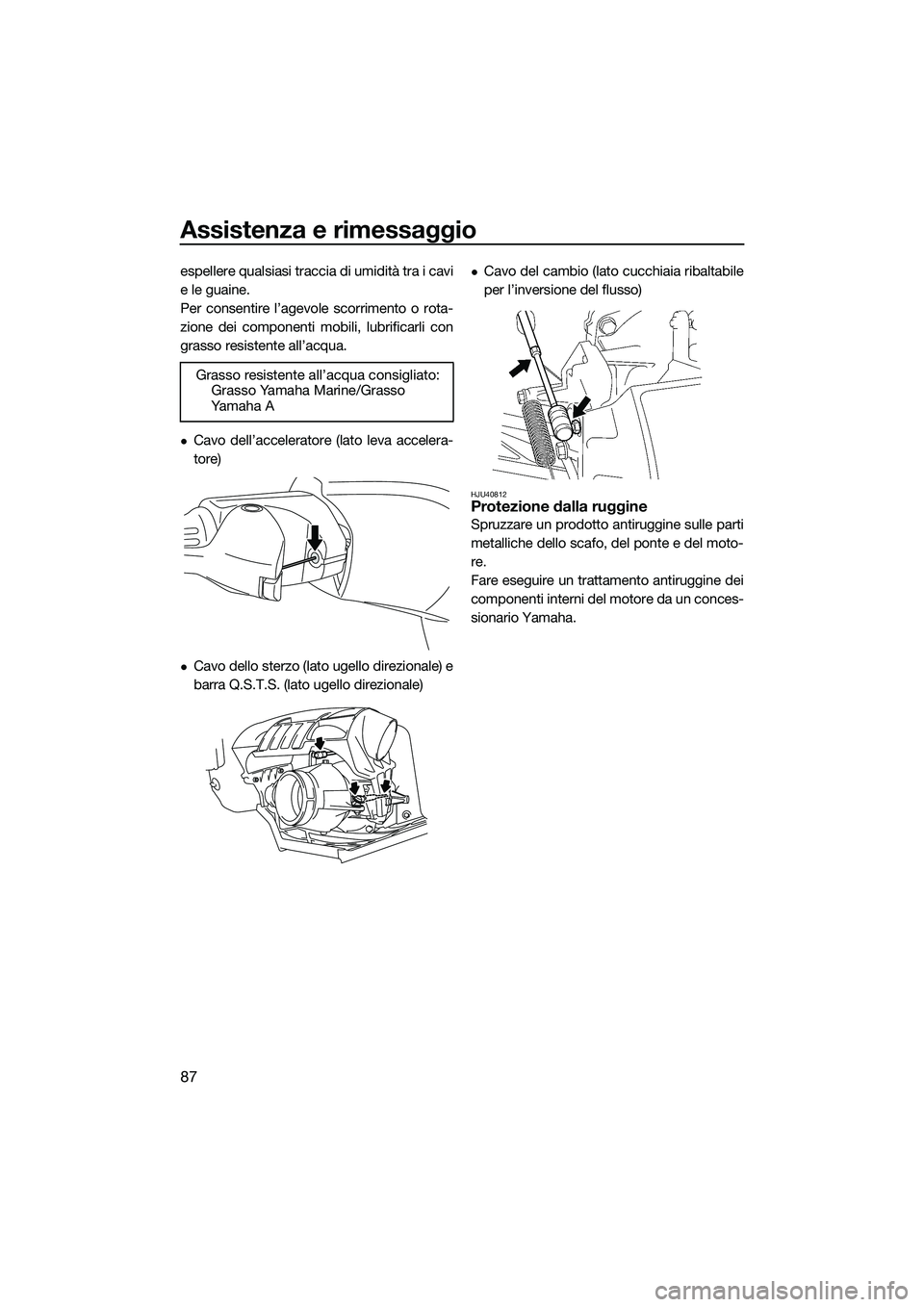 YAMAHA FZS SVHO 2015 Manuale duso (in Italian) Assistenza e rimessaggio
87
espellere qualsiasi traccia di umidità tra i cavi
e le guaine.
Per consentire l’agevole scorrimento o rota-
zione dei componenti mobili, lubrificarli con
grasso resisten YAMAHA FZS SVHO 2015 Manuale duso (in Italian) Assistenza e rimessaggio
87
espellere qualsiasi traccia di umidità tra i cavi
e le guaine.
Per consentire l’agevole scorrimento o rota-
zione dei componenti mobili, lubrificarli con
grasso resisten