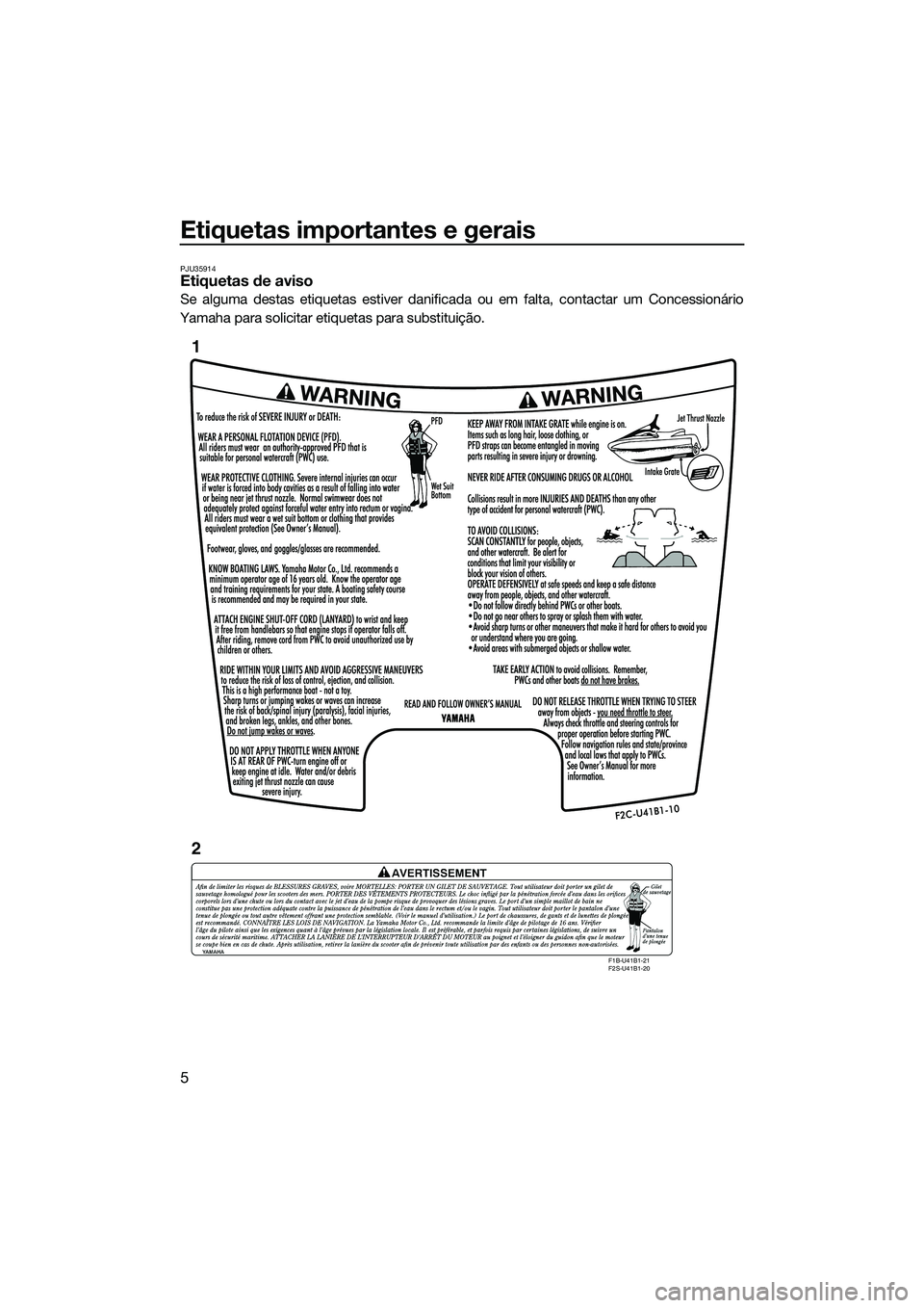 YAMAHA FZS SVHO 2015 Manual de utilização (in Portuguese) Etiquetas importantes e gerais
5
PJU35914Etiquetas de aviso
Se alguma destas etiquetas estiver danificada ou em falta, contactar um Concessionário
Yamaha para solicitar etiquetas para substituição. YAMAHA FZS SVHO 2015 Manual de utilização (in Portuguese) Etiquetas importantes e gerais
5
PJU35914Etiquetas de aviso
Se alguma destas etiquetas estiver danificada ou em falta, contactar um Concessionário
Yamaha para solicitar etiquetas para substituição.