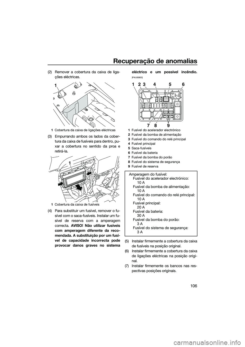 YAMAHA FZS SVHO 2015 Manual de utilização (in Portuguese) Recuperação de anomalias
106
(2) Remover a cobertura da caixa de liga-ções eléctricas.
(3) Empurrando ambos os lados da cober- tura da caixa de fusíveis para dentro, pu-
xar a cobertura no senti YAMAHA FZS SVHO 2015 Manual de utilização (in Portuguese) Recuperação de anomalias
106
(2) Remover a cobertura da caixa de liga-ções eléctricas.
(3) Empurrando ambos os lados da cober- tura da caixa de fusíveis para dentro, pu-
xar a cobertura no senti