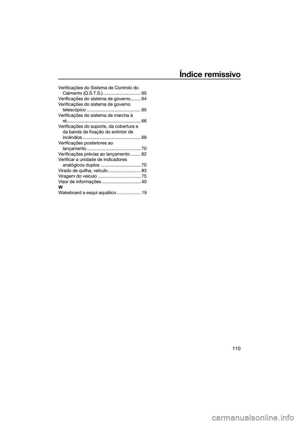 YAMAHA FZS SVHO 2015 Manual de utilização (in Portuguese) Índice remissivo
110
Verificações do Sistema de Controlo do Caimento (Q.S.T.S.) .............................. 65
Verificações do sistema de governo ........ 64
Verificações do sistema de gover YAMAHA FZS SVHO 2015 Manual de utilização (in Portuguese) Índice remissivo
110
Verificações do Sistema de Controlo do Caimento (Q.S.T.S.) .............................. 65
Verificações do sistema de governo ........ 64
Verificações do sistema de gover