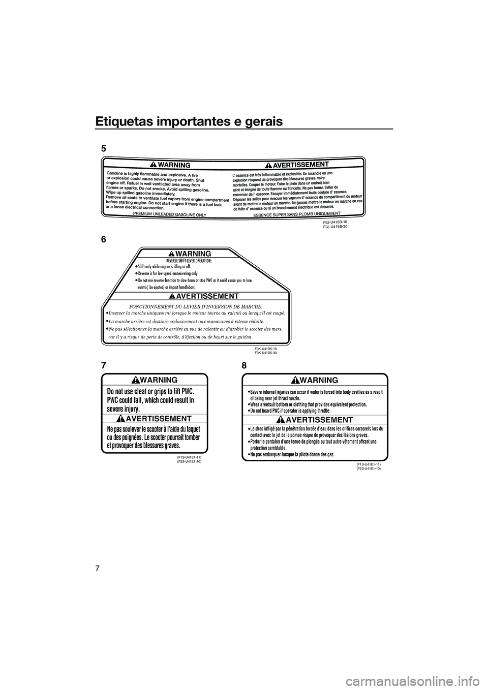 YAMAHA FZS SVHO 2015 Manual de utilização (in Portuguese) Etiquetas importantes e gerais
7
F3J-U415B-10
F3J-U415B-30
(F1S-U41E1-11)
(F2S-U41E1-10)(F1S-U41E1-11)
(F2S-U41E1-10)
F3K-U41D5-10
F3K-U41D5-30
5
6
78
UF3K71P0.book Page 7 Thursday, August 14, 2 YAMAHA FZS SVHO 2015 Manual de utilização (in Portuguese) Etiquetas importantes e gerais
7
F3J-U415B-10
F3J-U415B-30
(F1S-U41E1-11)
(F2S-U41E1-10)(F1S-U41E1-11)
(F2S-U41E1-10)
F3K-U41D5-10
F3K-U41D5-30
5
6
78
UF3K71P0.book Page 7 Thursday, August 14, 2
