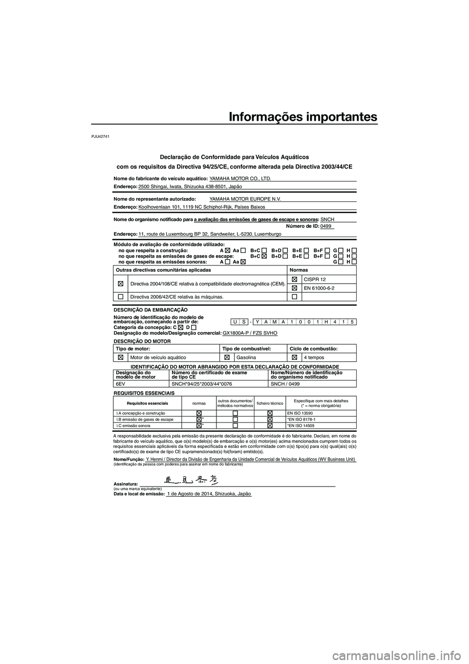 YAMAHA FZS SVHO 2015 Manual de utilização (in Portuguese) Informações importantes
PJU42741
Declaração de Conformidade para Veículos Aquáticos
com os requisitos da Directiva 94/25/CE, conforme alterada pela Directiva 2003/44/CE
Nome do fabricante do ve YAMAHA FZS SVHO 2015 Manual de utilização (in Portuguese) Informações importantes
PJU42741
Declaração de Conformidade para Veículos Aquáticos
com os requisitos da Directiva 94/25/CE, conforme alterada pela Directiva 2003/44/CE
Nome do fabricante do ve