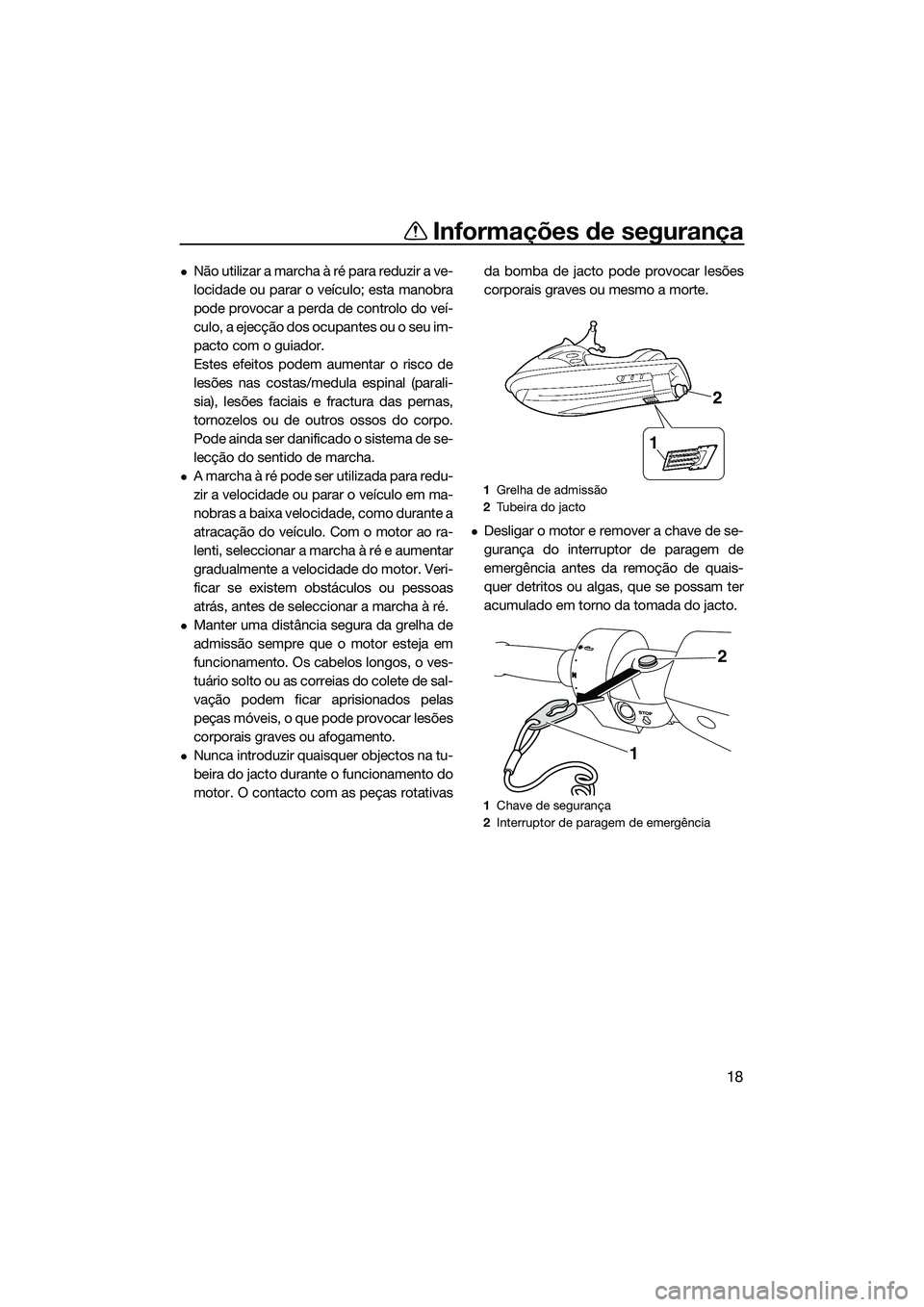 YAMAHA FZS SVHO 2015 Manual de utilização (in Portuguese) Informações de segurança
18
Não utilizar a marcha à ré para reduzir a ve-
locidade ou parar o veículo; esta manobra
pode provocar a perda de controlo do veí-
culo, a ejecção dos ocupantes YAMAHA FZS SVHO 2015 Manual de utilização (in Portuguese) Informações de segurança
18
Não utilizar a marcha à ré para reduzir a ve-
locidade ou parar o veículo; esta manobra
pode provocar a perda de controlo do veí-
culo, a ejecção dos ocupantes