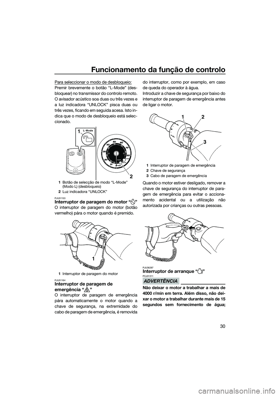 YAMAHA FZS SVHO 2015 Manual de utilização (in Portuguese) Funcionamento da função de controlo
30
Para seleccionar o modo de desbloqueio:
Premir brevemente o botão “L-Mode” (des-
bloquear) no transmissor do controlo remoto.
O avisador acústico soa dua YAMAHA FZS SVHO 2015 Manual de utilização (in Portuguese) Funcionamento da função de controlo
30
Para seleccionar o modo de desbloqueio:
Premir brevemente o botão “L-Mode” (des-
bloquear) no transmissor do controlo remoto.
O avisador acústico soa dua