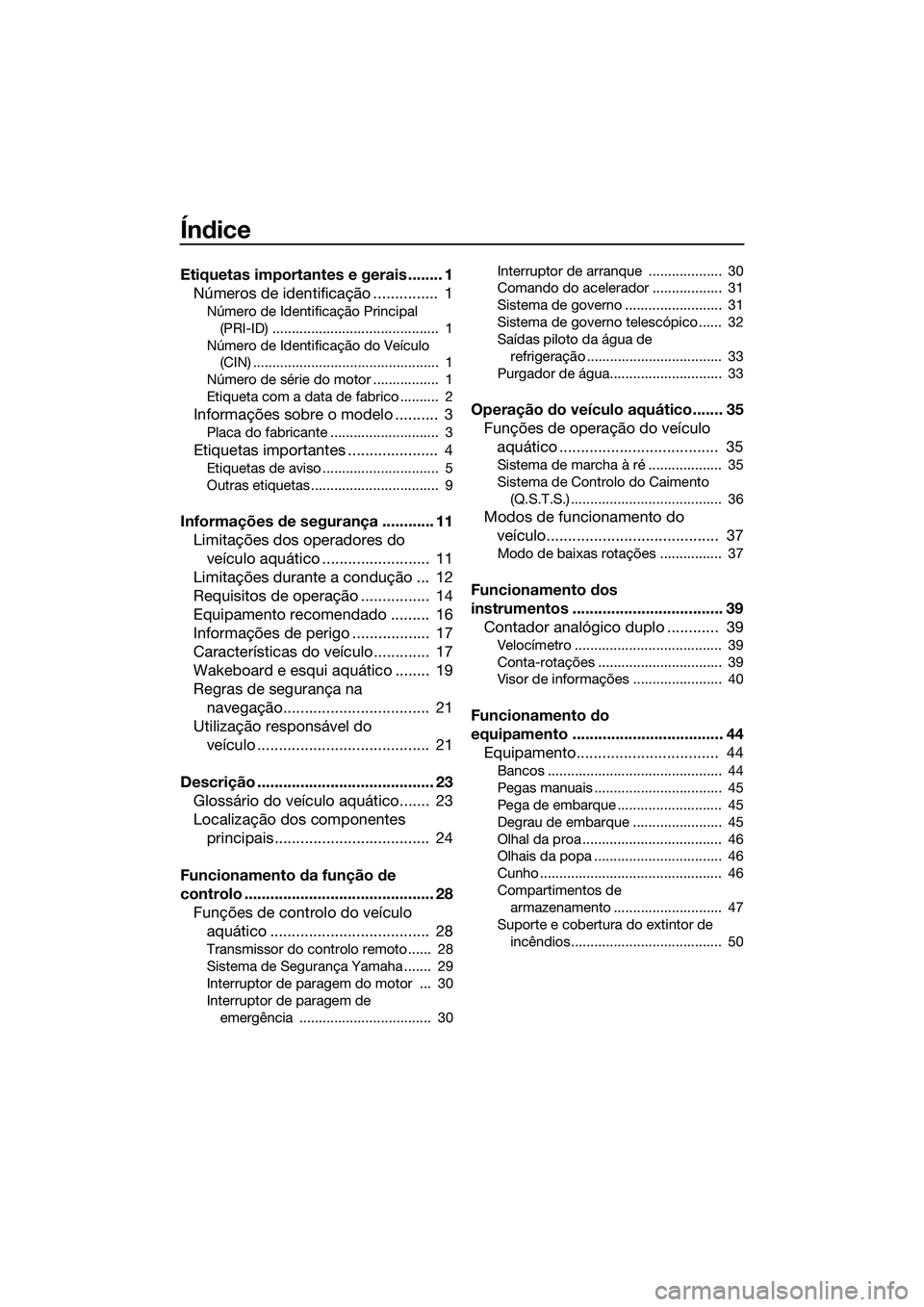 YAMAHA FZS SVHO 2015  Manual de utilização (in Portuguese) Índice
Etiquetas importantes e gerais ........ 1Números de identificação ...............  1
Número de Identificação Principal 
(PRI-ID) ...........................................  1
Número de