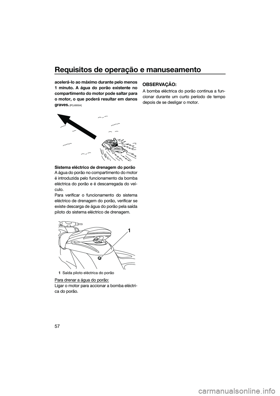 YAMAHA FZS SVHO 2015 Manual de utilização (in Portuguese) Requisitos de operação e manuseamento
57
acelerá-lo ao máximo durante pelo menos
1 minuto. A água do porão existente no
compartimento do motor pode saltar para
o motor, o que poderá resultar em YAMAHA FZS SVHO 2015 Manual de utilização (in Portuguese) Requisitos de operação e manuseamento
57
acelerá-lo ao máximo durante pelo menos
1 minuto. A água do porão existente no
compartimento do motor pode saltar para
o motor, o que poderá resultar em