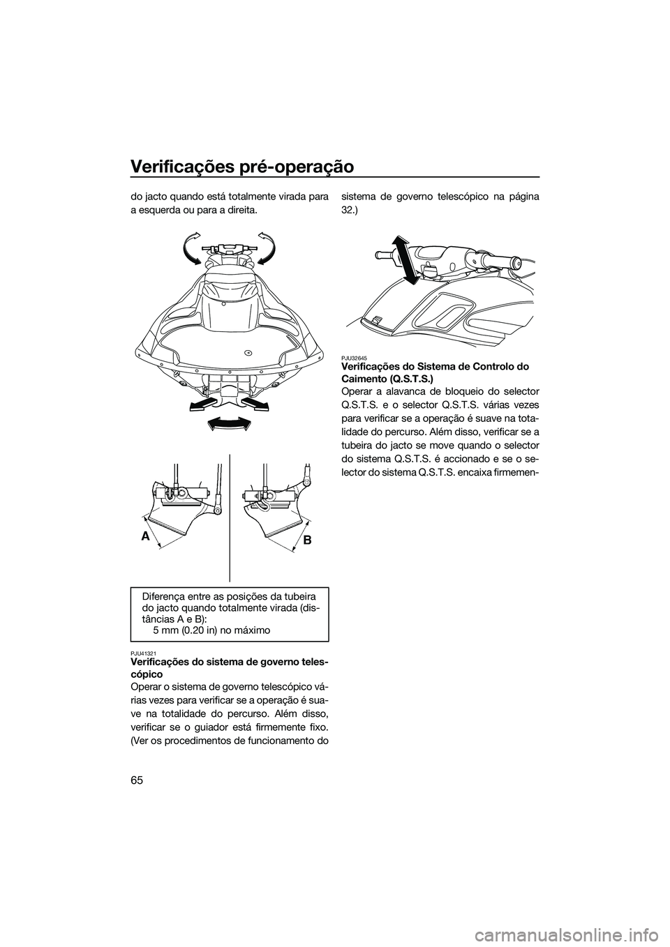 YAMAHA FZS SVHO 2015 Manual de utilização (in Portuguese) Verificações pré-operação
65
do jacto quando está totalmente virada para
a esquerda ou para a direita.
PJU41321Verificações do sistema de governo teles-
cópico
Operar o sistema de governo tel YAMAHA FZS SVHO 2015 Manual de utilização (in Portuguese) Verificações pré-operação
65
do jacto quando está totalmente virada para
a esquerda ou para a direita.
PJU41321Verificações do sistema de governo teles-
cópico
Operar o sistema de governo tel