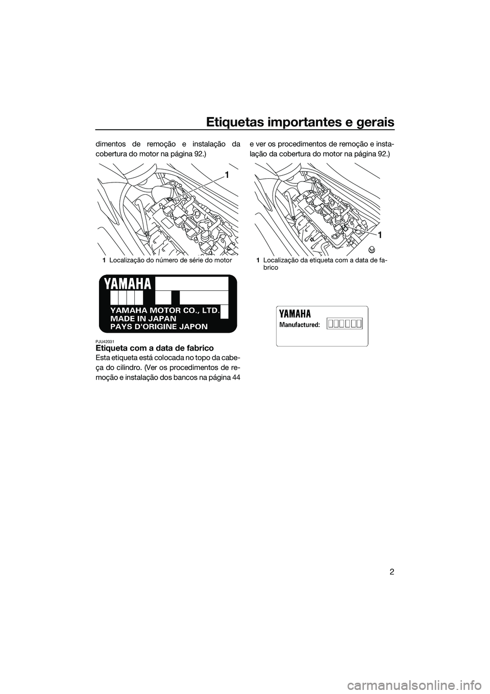 YAMAHA FZS SVHO 2015  Manual de utilização (in Portuguese) Etiquetas importantes e gerais
2
dimentos de remoção e instalação da
cobertura do motor na página 92.)
PJU42031Etiqueta com a data de fabrico
Esta etiqueta está colocada no topo da cabe-
ça do 