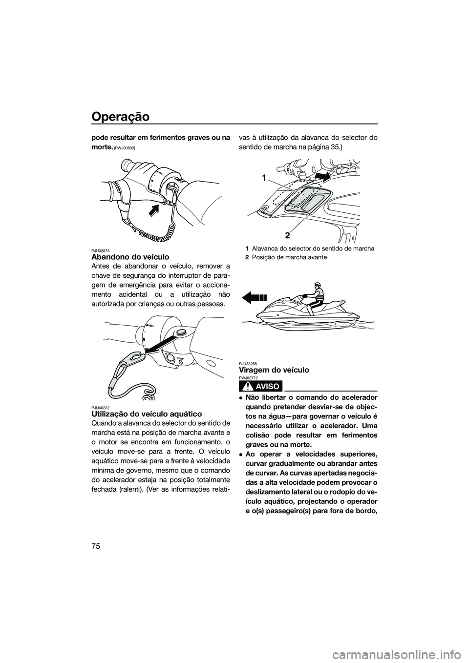 YAMAHA FZS SVHO 2015  Manual de utilização (in Portuguese) Operação
75
pode resultar em ferimentos graves ou na
morte.
 [PWJ00602]
PJU32873
Abandono do veículo
Antes de abandonar o veículo, remover a
chave de segurança do interruptor de para-
gem de emer