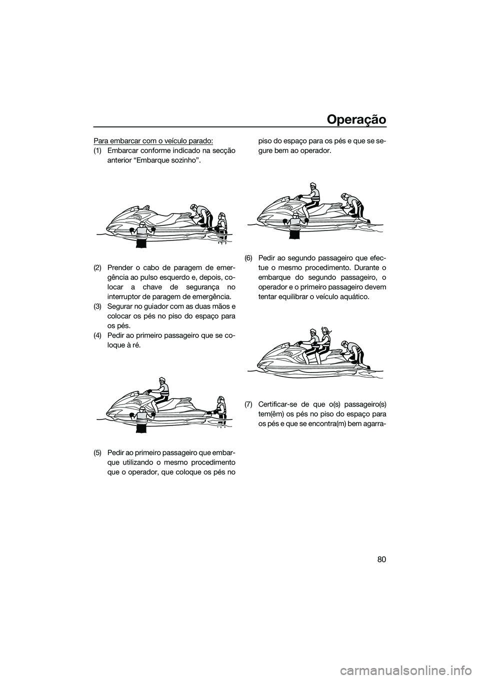 YAMAHA FZS SVHO 2015 Manual de utilização (in Portuguese) Operação
80
Para embarcar com o veículo parado:
(1) Embarcar conforme indicado na secçãoanterior “Embarque sozinho”.
(2) Prender o cabo de paragem de emer- gência ao pulso esquerdo e, depois YAMAHA FZS SVHO 2015 Manual de utilização (in Portuguese) Operação
80
Para embarcar com o veículo parado:
(1) Embarcar conforme indicado na secçãoanterior “Embarque sozinho”.
(2) Prender o cabo de paragem de emer- gência ao pulso esquerdo e, depois