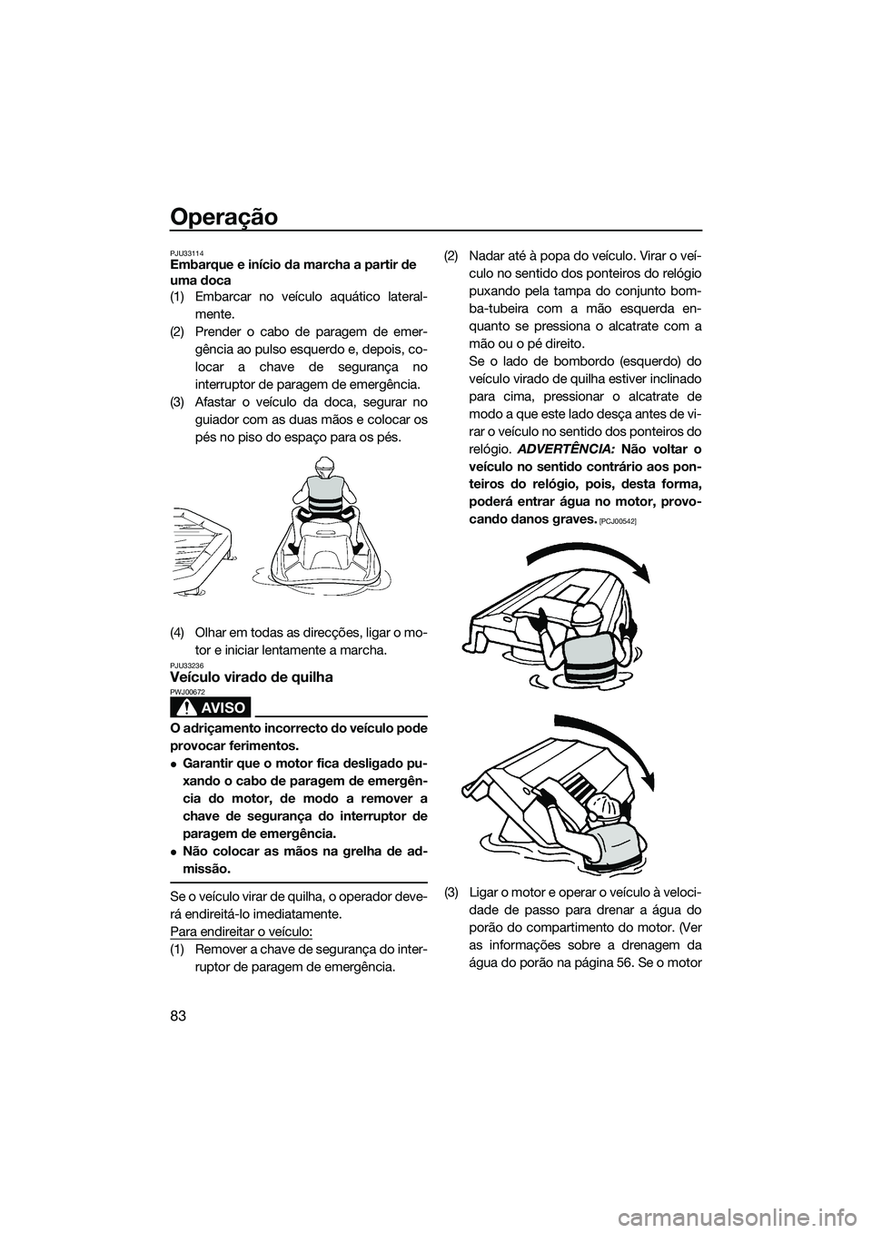 YAMAHA FZS SVHO 2015 Manual de utilização (in Portuguese) Operação
83
PJU33114Embarque e início da marcha a partir de
uma doca
(1) Embarcar no veículo aquático lateral-mente.
(2) Prender o cabo de paragem de emer- gência ao pulso esquerdo e, depois, c YAMAHA FZS SVHO 2015 Manual de utilização (in Portuguese) Operação
83
PJU33114Embarque e início da marcha a partir de
uma doca
(1) Embarcar no veículo aquático lateral-mente.
(2) Prender o cabo de paragem de emer- gência ao pulso esquerdo e, depois, c