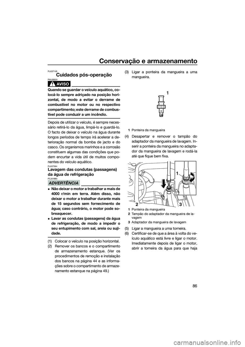 YAMAHA FZS SVHO 2015  Manual de utilização (in Portuguese) Conservação e armazenamento
86
PJU37146
Cuidados pós-operação
AVISO
PWJ00331
Quando se guardar o veículo aquático, co-
locá-lo sempre adriçado na posição hori-
zontal, de modo a evitar o de