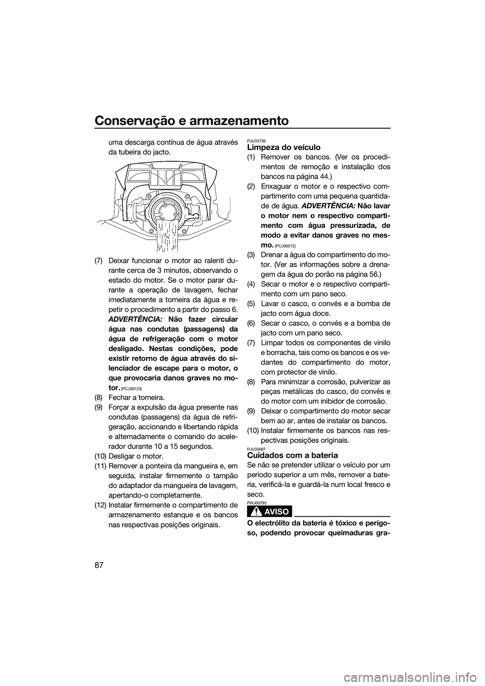 YAMAHA FZS SVHO 2015  Manual de utilização (in Portuguese) Conservação e armazenamento
87
uma descarga contínua de água através
da tubeira do jacto.
(7) Deixar funcionar o motor ao ralenti du- rante cerca de 3 minutos, observando o
estado do motor. Se o 