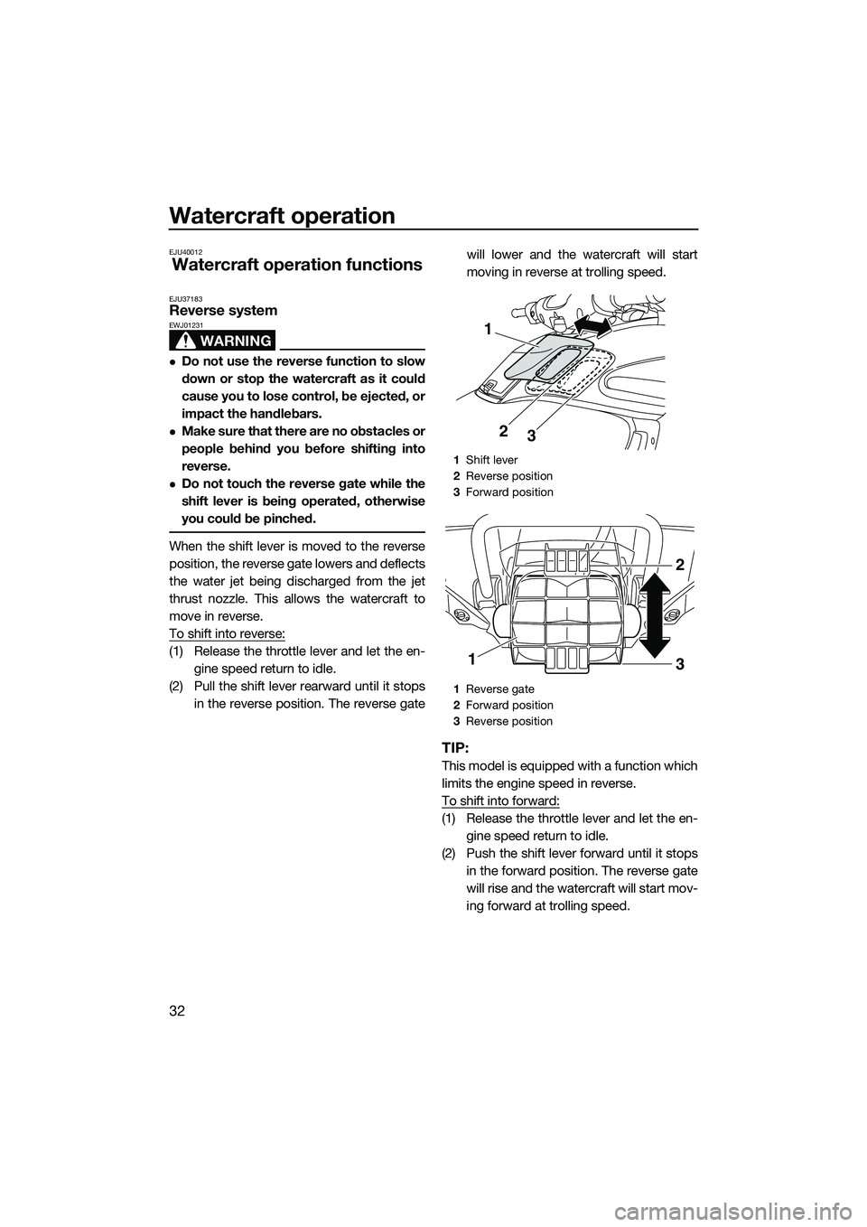 YAMAHA FZS SVHO 2014 Owners Guide Watercraft operation
32
EJU40012
Watercraft operation functions
EJU37183Reverse system
WARNING
EWJ01231
Do not use the reverse function to slow
down or stop the watercraft as it could
cause you to YAMAHA FZS SVHO 2014 Owners Guide Watercraft operation
32
EJU40012
Watercraft operation functions
EJU37183Reverse system
WARNING
EWJ01231
Do not use the reverse function to slow
down or stop the watercraft as it could
cause you to