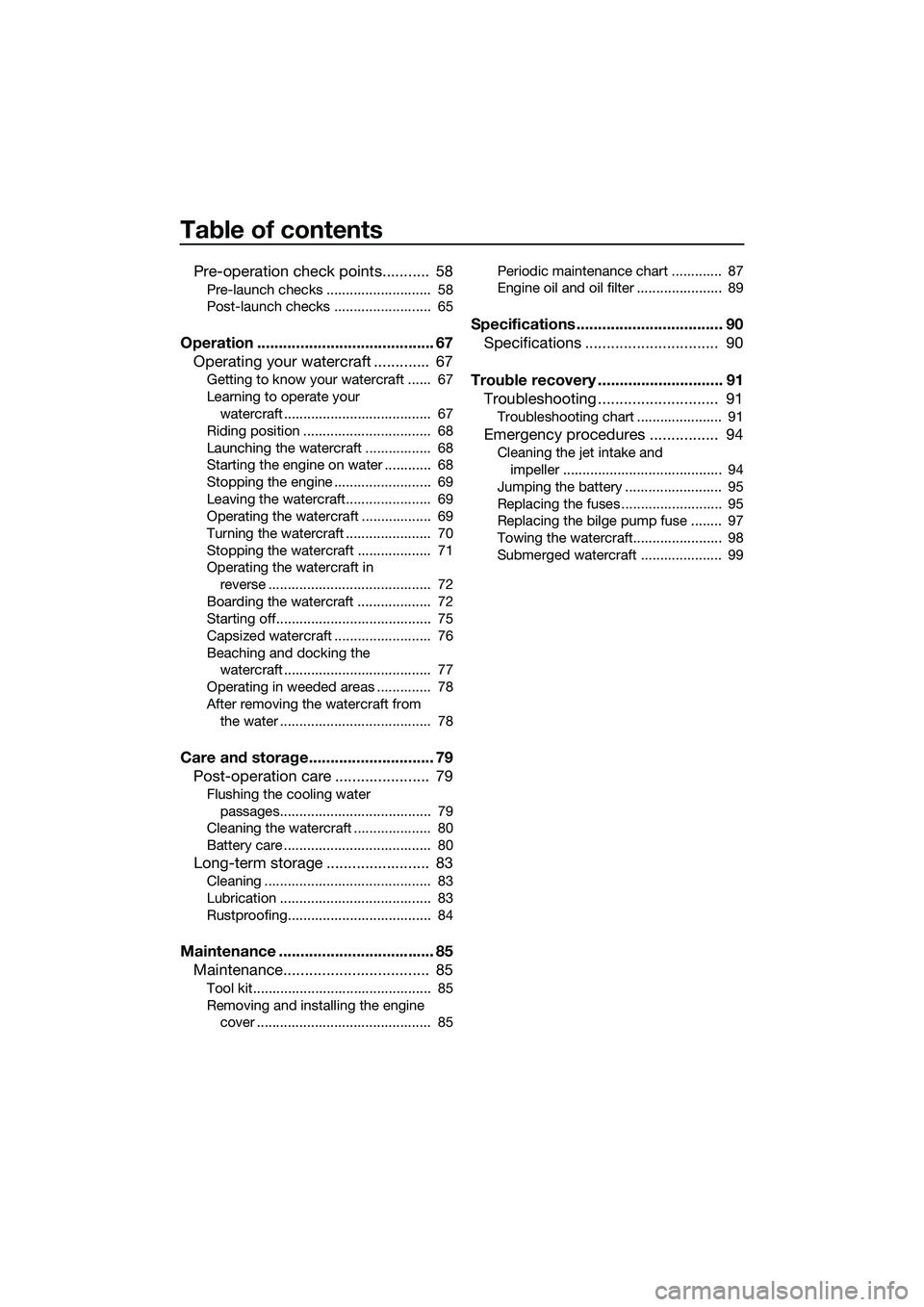 YAMAHA FZS SVHO 2014  Owners Manual Table of contents
Pre-operation check points...........  58
Pre-launch checks ...........................  58
Post-launch checks .........................  65
Operation ...............................