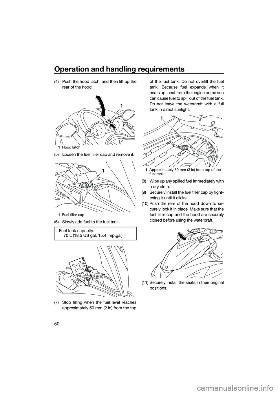 YAMAHA FZS SVHO 2014 Workshop Manual Operation and handling requirements
50
(4) Push the hood latch, and then lift up therear of the hood.
(5) Loosen the fuel filler cap and remove it.
(6) Slowly add fuel to the fuel tank.
(7) Stop filli