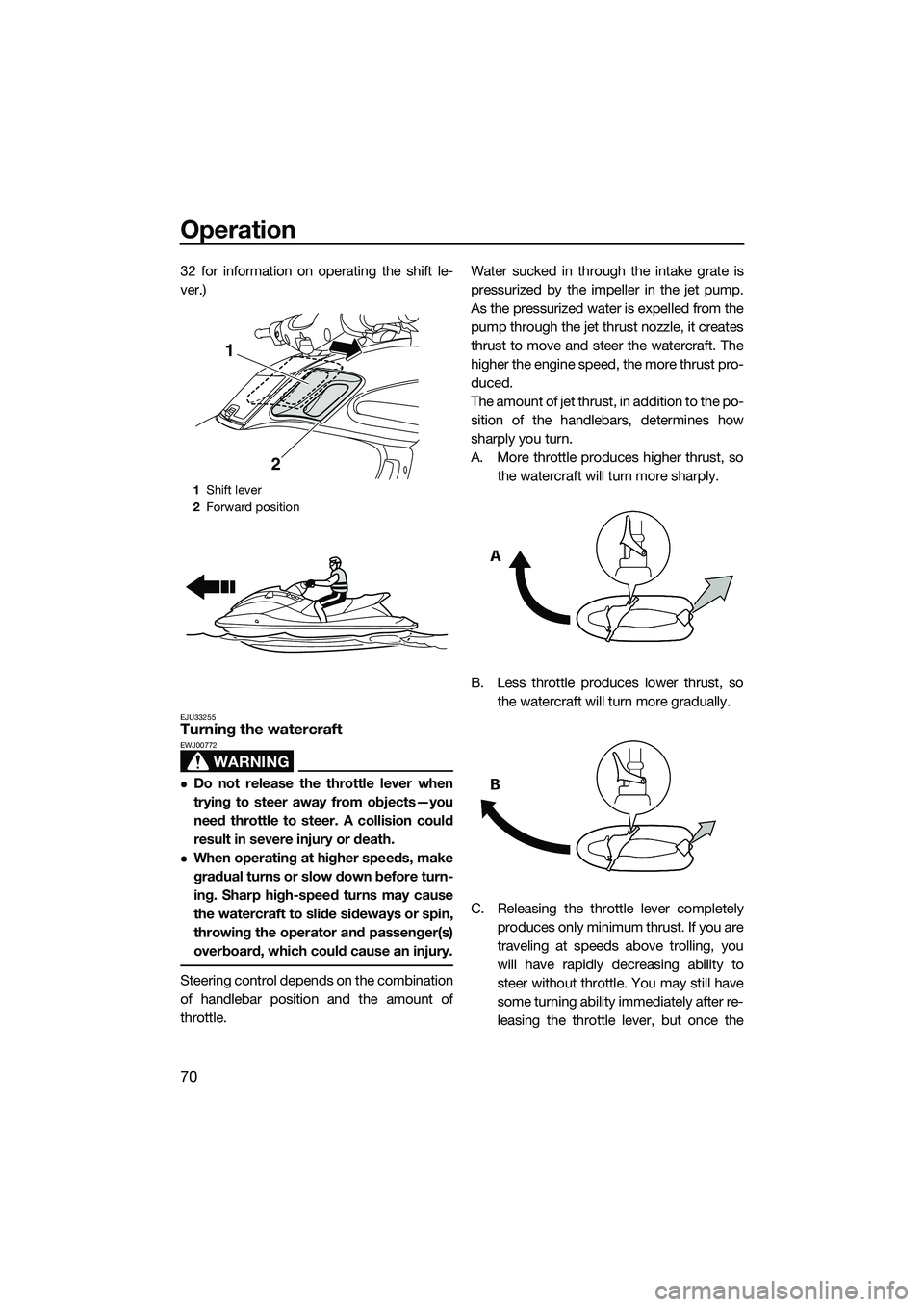 YAMAHA FZS SVHO 2014 Manual PDF Operation
70
32 for information on operating the shift le-
ver.)
EJU33255Turning the watercraft
WARNING
EWJ00772
Do not release the throttle lever when
trying to steer away from objects—you
need YAMAHA FZS SVHO 2014 Manual PDF Operation
70
32 for information on operating the shift le-
ver.)
EJU33255Turning the watercraft
WARNING
EWJ00772
Do not release the throttle lever when
trying to steer away from objects—you
need